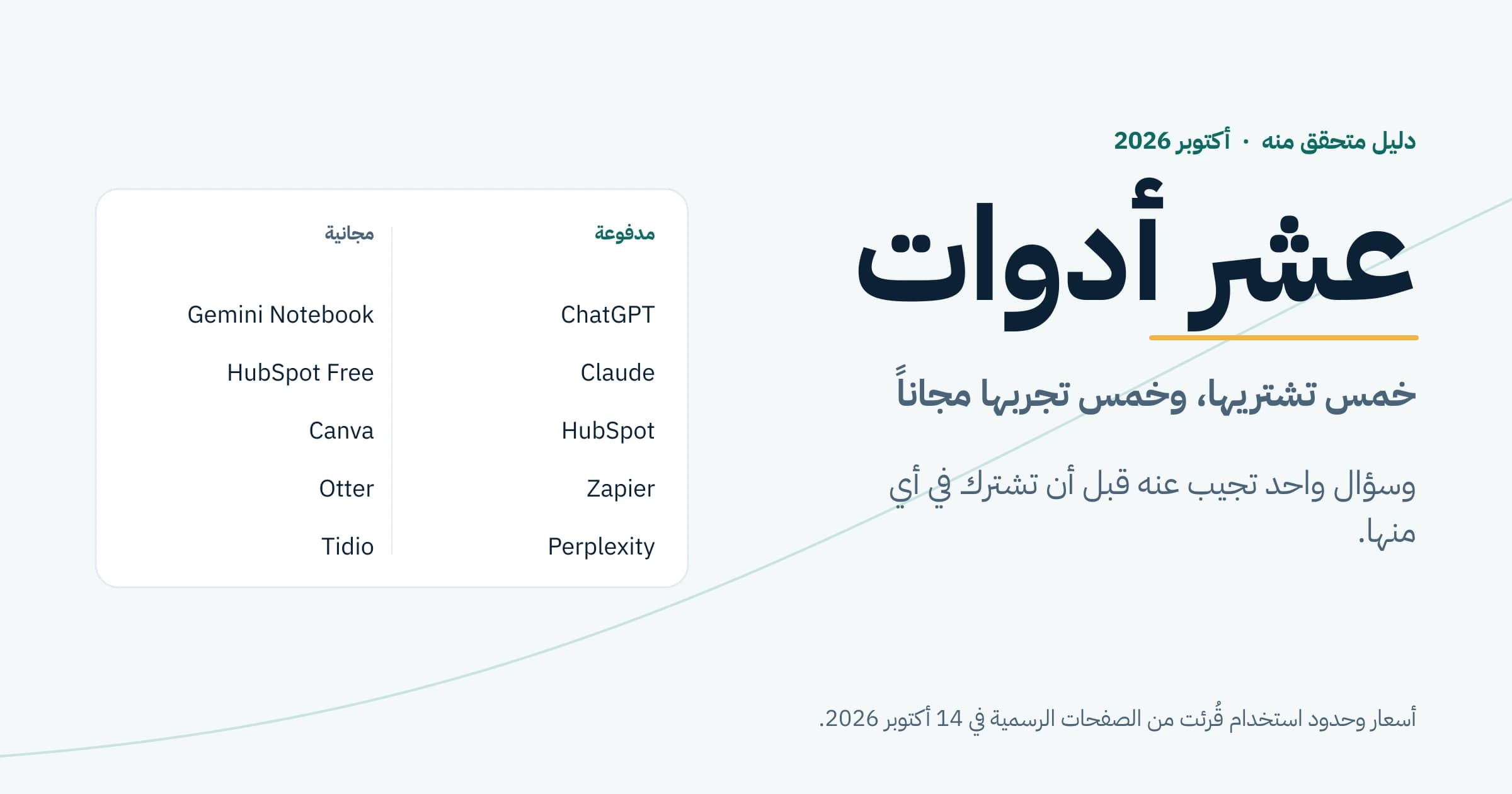 الأدوات العشر التي يغطيها الدليل، خمس مدفوعة وخمس مجانية، جنباً إلى جنب