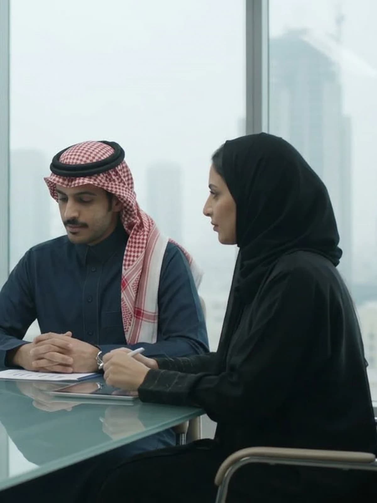 Two colleagues going over paperwork together at a meeting table, a city skyline behind them